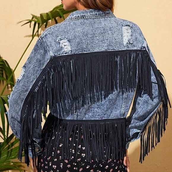 Multicolor Casual Womens Fringe Trim Denim Jacket - Picture 4 of 5